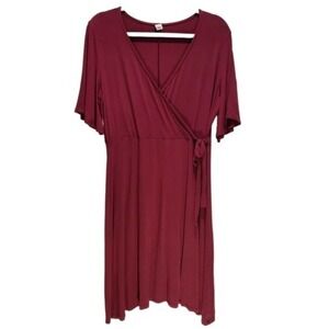 Old Navy Burgundy Red Wrap-Front Dolman Flutter Sleeve Fall Midi Dress Sz Large